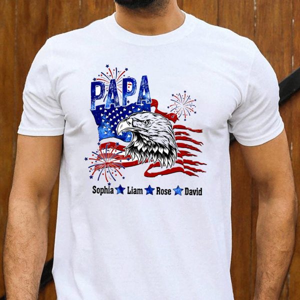 Custom American Flag Eagle Papa And Kids 4th Of July Shirt