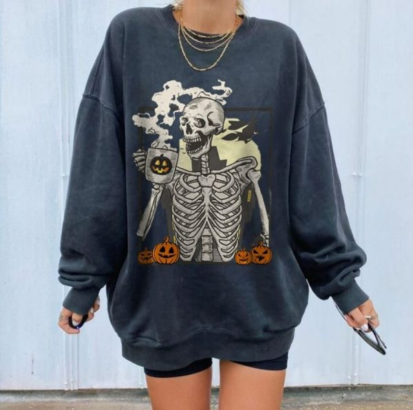 Skull Skeletons Halloween Drinking Coffee Sweatshirt