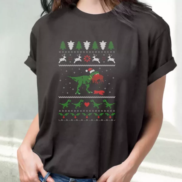 T Rex Eating Reindeer Ugly Christmas T Shirt Xmas Design