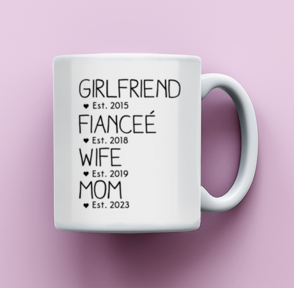 Girlfriend, Fiancee, Wife, Mom Mug – Pregnancy Announcement Gift, Pregnancy Reveal First Time Mom Gift, Wife to Mommy, Custom New Mommy Gift