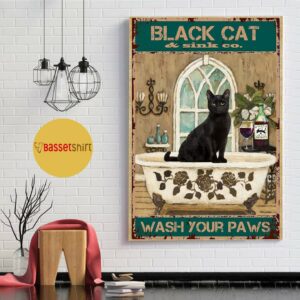 Bathroom black cat wash your paws vintage poster