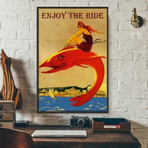 Beach girl riding red fish enjoy the ride poster