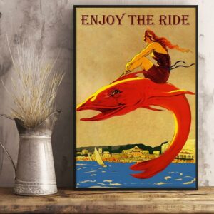 Beach girl riding red fish enjoy the ride poster