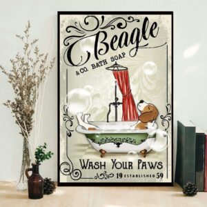 Beagle in bathtub bath soap established wash your paws poster