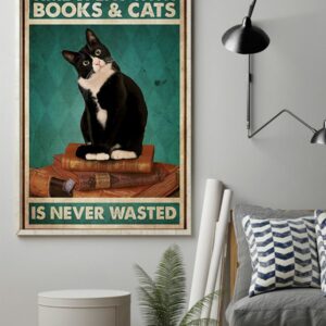 Black Cat Time Spent With Books And Cats Is Never Wasted Vintage Poster, Canvas