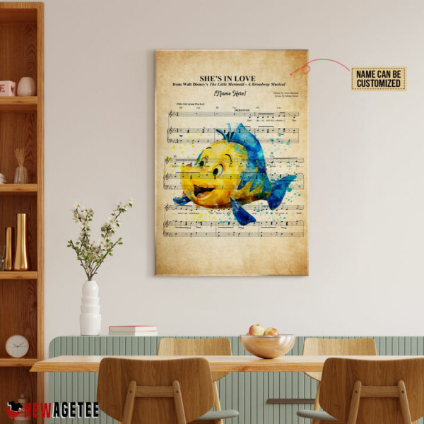 Personalized Little Mermaid Flounder She’s In Love Sheet Music Poster Canvas