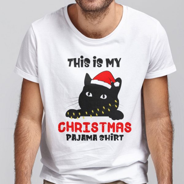 Black Cat This is My Christmas Pajama Shirt Xmas Lights Funny Holiday T-shirt