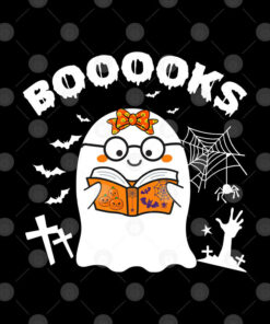 Booooks Cute Ghost Reading Library Books Halloween Teacher Shirt 2