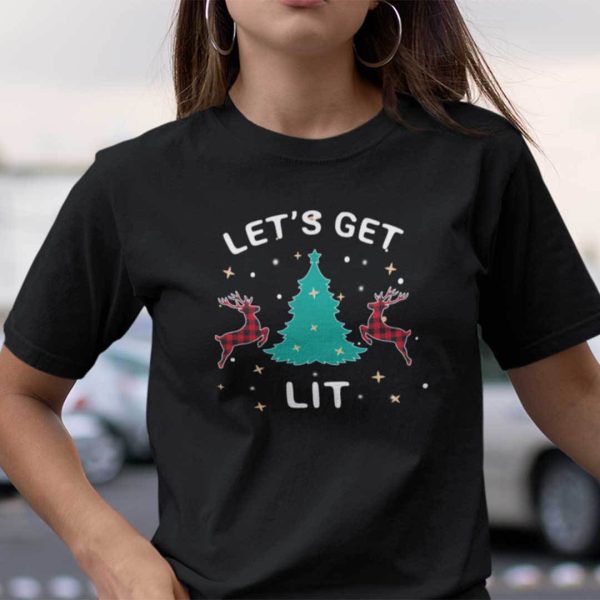 Let’s Get Lit Christmas T Shirt Red Buffalo Plaid Reindeer