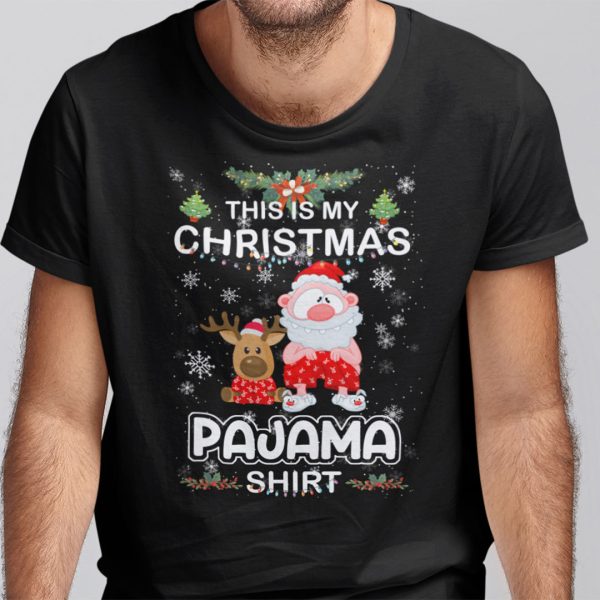 Reindeer Santa This is My Christmas Pajama Shirt Xmas Lights Funny Holiday T-shirt
