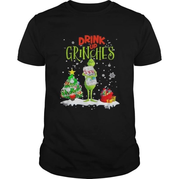 Drink Up Grinches Coors Light T-Shirt Next To Christmas Tree