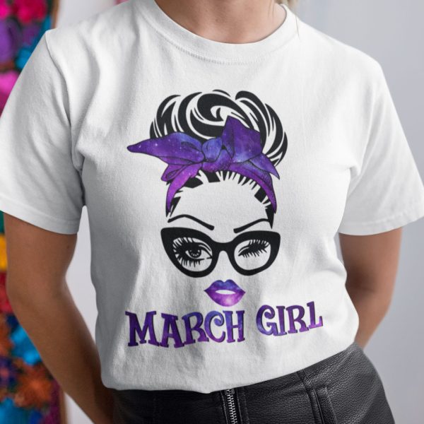 March Birthday Girl T Shirt Black Glasses Purple Headband