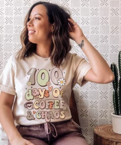 Funny Women Teacher 100 Days Of Coffee And Chaos T-Shirt 1 Funny Women Teacher 100 Days Of Coffee And Chaos T Shirt 2