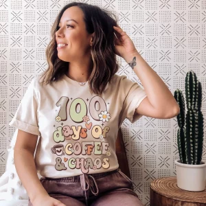 Funny Women Teacher 100 Days Of Coffee And Chaos T-Shirt