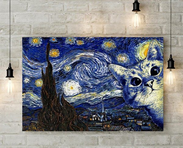 Cat Starry Night Gogh Poster Canvas Shirt Sweatshirt Hoodie Long Sleeve Tank