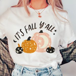 Cute Fall Y’all  Womens Halloween Pumpkin Spooky Party Graphic Tee Shirt