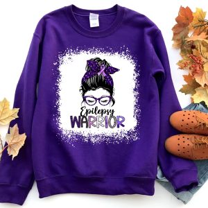 Epilepsy Warrior Messy Bun Lady In Glasses Awareness Sweatshirt