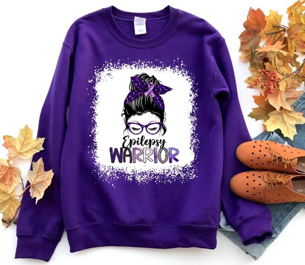 Epilepsy Warrior Messy Bun Lady In Glasses Awareness Sweatshirt