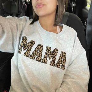 Mama Embroidered Leopard Print Applique Simple Sweatshirt