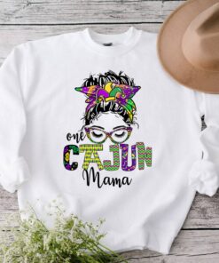 One Cajun Mama Mardi Gras Messy Bun Hair Mom Shirt 1