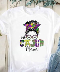 One Cajun Mama Mardi Gras Messy Bun Hair Mom Shirt 2