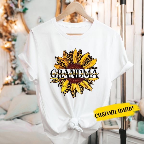 Personalized Grandma Mom Sunflower Leopard Custom Kid’s Names Mothers Day Shirt