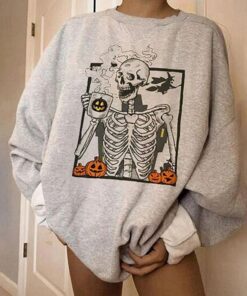Skull Skeletons Halloween Drinking Coffee Sweatshirt 1