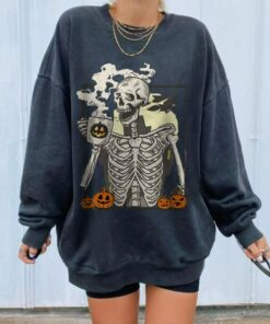 Skull Skeletons Halloween Drinking Coffee Sweatshirt 1 Skull Skeletons Halloween Drinking Coffee Sweatshirt 2