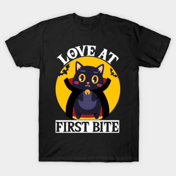Black Bat Cat love at first bite Halloween T-shirt