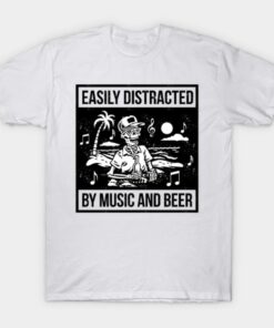 Easily Distracted By Music and Beer Skeleton Halloween T Shirt 1
