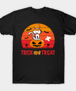 Halloween Cat Witch Trick Or Treat Vintage T Shirt 1