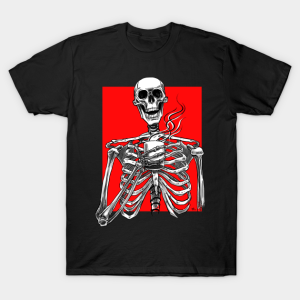 Halloween skeleton drinking coffee red T shirt 1