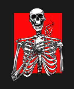 Halloween skeleton drinking coffee red T shirt 2