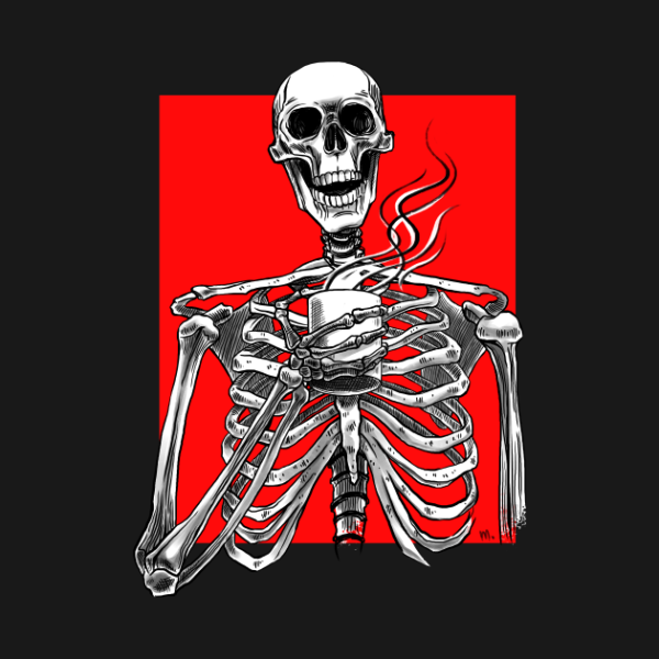 Halloween skeleton drinking coffee red T-shirt