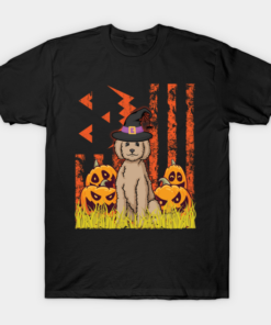 Happy Halloween US Flag Labradordoodle Dog witch pumpkins T shirt 1