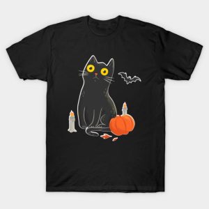 Intense Gaze Black Cat in Halloween T Shirt 1