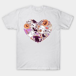 Cute Halloween heart shape with ghost pumpkin skulls and black cats 2023 Halloween T-Shirt