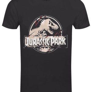 Jurassic Park Scratched Logo Men’s Black Acid Wash T-Shirt