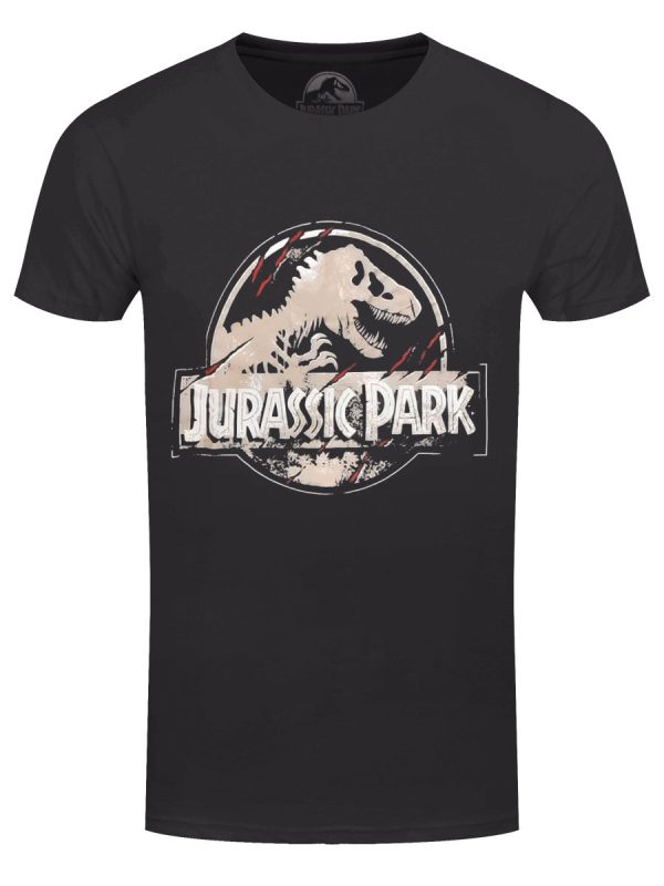 Jurassic Park Scratched Logo Men’s Black Acid Wash T-Shirt