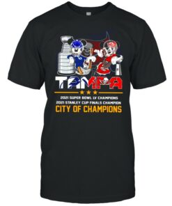 Mickey Mouse Tampa Lightning and Buccaneers 2021 Stanley Cup and Super Bowl LV champion City of champions shirt 1