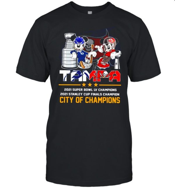 Mickey Mouse Tampa Lightning and Buccaneers 2021 Stanley Cup and Super Bowl LV champion City of champions shirt