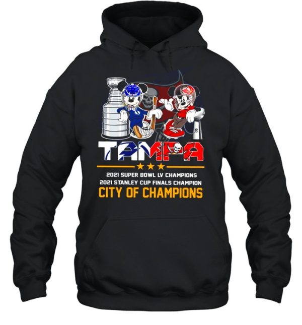 Mickey Mouse Tampa Lightning and Buccaneers 2021 Stanley Cup and Super Bowl LV champion City of champions shirt