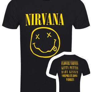 Nirvana Yellow Happy Face Flower Sniffin Mens Black T Shirt 1