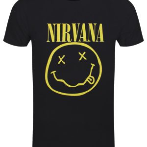 Nirvana Yellow Happy Face Mens Black T Shirt 1