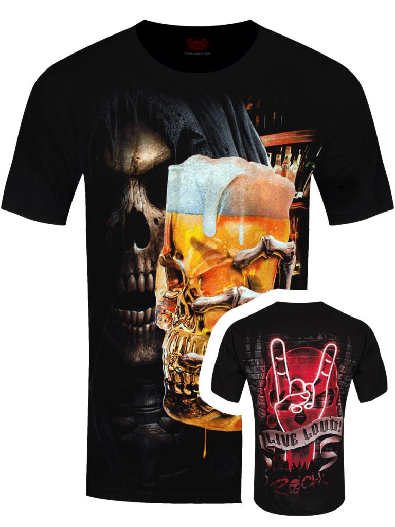 Spiral Direct T-Shirt LIVE LOUD T-Shirt Mit Bier & Schädel Design – Biker, Gothic & Rock Style Grindcore Shirt