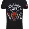 Stranger Things Hellfire Crest Black Acid Wash T-Shirt