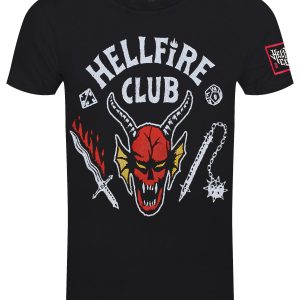 Stranger Things Hellfire Crest Black Acid Wash T-Shirt