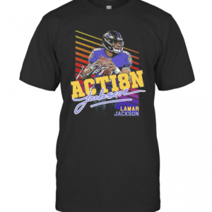 8 Action Lamar Jackson Baltimore Ravens Football Signature T-Shirt