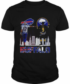 Buffalo city skyline Josh Allen Bills and Jack Eichel Sabers signatures 2022 shirt 1
