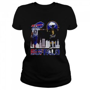 Buffalo city skyline, Josh Allen Bills and Jack Eichel Sabers signatures 2022 shirt